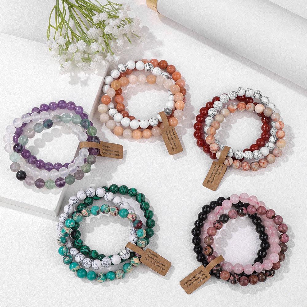 3 PCS Healing Crystal Bracelets for Women 8mm Natural Stone Beaded Stretch Bracelet Amethyst Jewelry Gifts