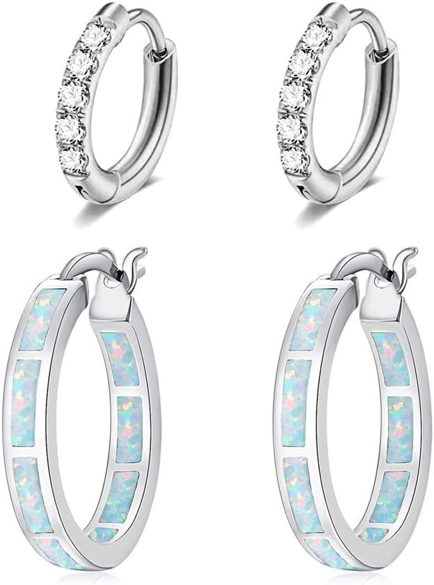 KDTONG Sterling Silver/Rose Gold/Yellow Gold Plated Hoop Earrings 20mm,Multicolor Opal Small Hoop Earrings for Women Girls Hypoallergenic Jewelry for Sensitive Ears Gemstone Earrings