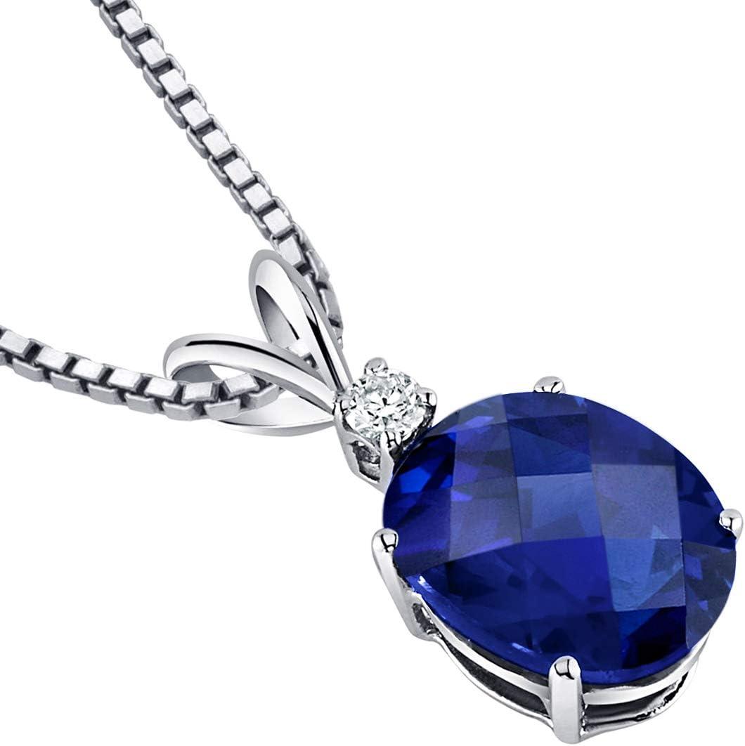 14K White Gold Created Blue Sapphire with Genuine Diamond Pendant for Wome, Elegant Solitaire, 3.65 Carats Oval Shape AAA Grade, Sparkling Blue Sapphire Jewelry, September Birthstone Gift