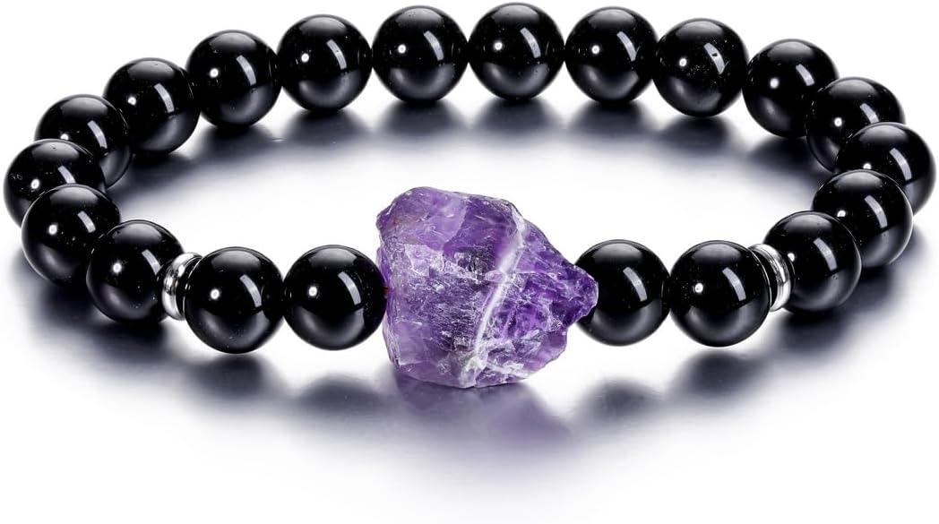 Amethyst Crystal Beaded Bracelet for Women,Natural Gem Semi Precious Reiki Healing Crystal Energy Quartz Bracelet,Handmade 8mm Round Stone Beads Stretch Bracelet