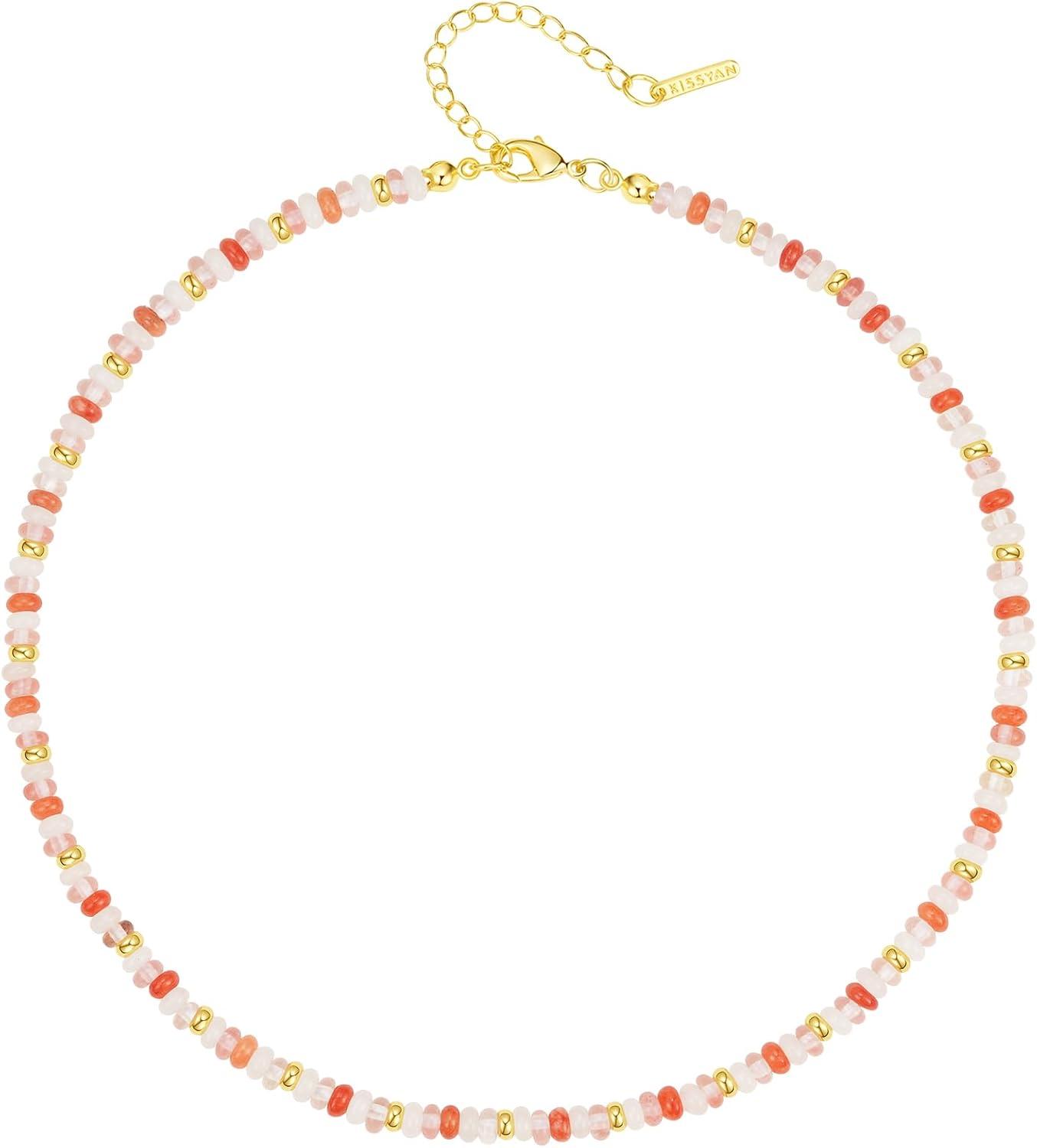Beaded Choker Necklace for Women, Gemstone Choker Natural Stone Freshwater Pearl Surfer Necklaces 14K Gold Plated Summer Beach Handmade Jewelry