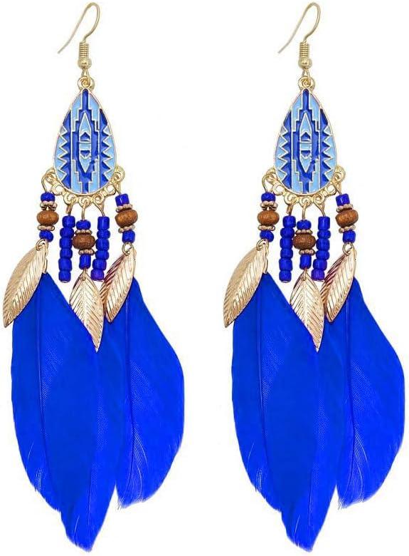 Punk Vintage Long Tassel Feather Earrings for Women Bohemian Handmade Natural Pendant Earring Fish Hook Earrings Vintage Boho Multicolor Tassel Feathers Dangle Drop Earrings Jewelry