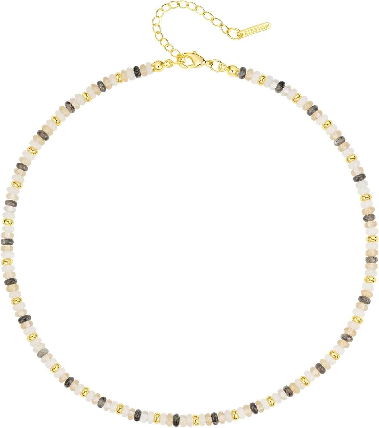 Beaded Choker Necklace for Women, Gemstone Choker Natural Stone Freshwater Pearl Surfer Necklaces 14K Gold Plated Summer Beach Handmade Jewelry