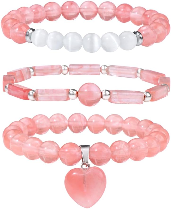 Healing Crystal Beaded Bracelets for Women,Natural Amethyst Gemstones Bracelet,Anxiety Stress Relief Heart Charm Bracelet Handmade purple Jewelry Gifts for Women