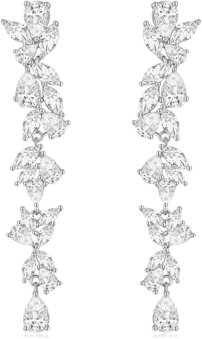Silver Dangle Earrings for Women Cubic Zirconia Marquise Bridal Wedding Earrings 925 Sterling Silver Post Engagement Earring