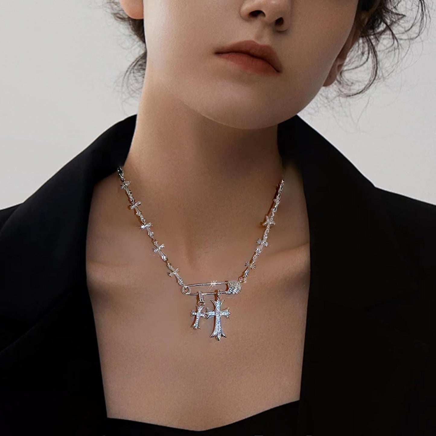 Cross Necklaces for Women, Safety Pin Necklace Silver Cross Cubic Zirconia Pendant Necklace, Faith Cross Necklaces Punk Goth Jewelry for Women Men