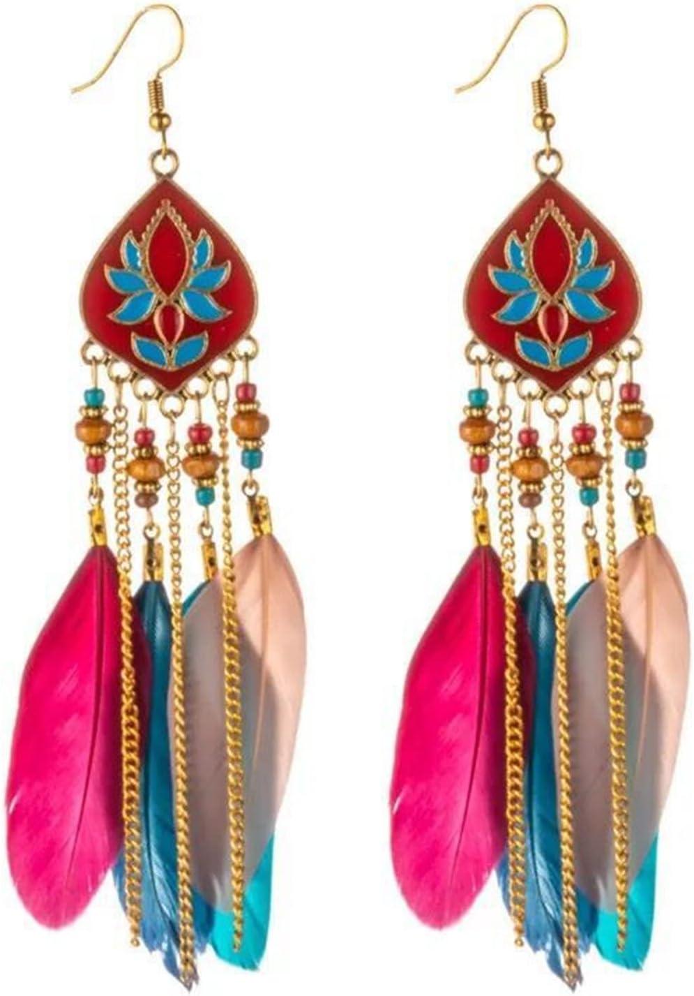 Punk Vintage Long Tassel Feather Earrings for Women Bohemian Handmade Natural Pendant Earring Fish Hook Earrings Vintage Boho Multicolor Tassel Feathers Dangle Drop Earrings Jewelry