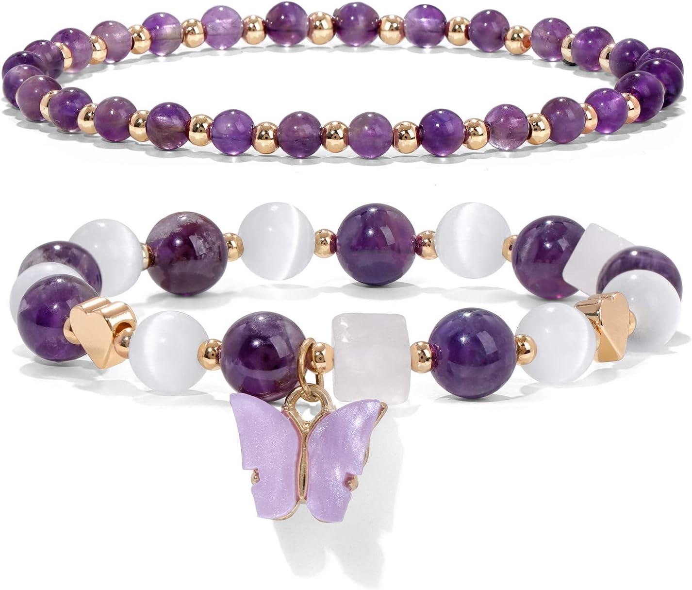 KDTONG Amethyst Bracelet For Women Anxiety Amethyst Beaded Bracelets Butterfly Charms Healing Stone Layered Bracelet Gifts For Women