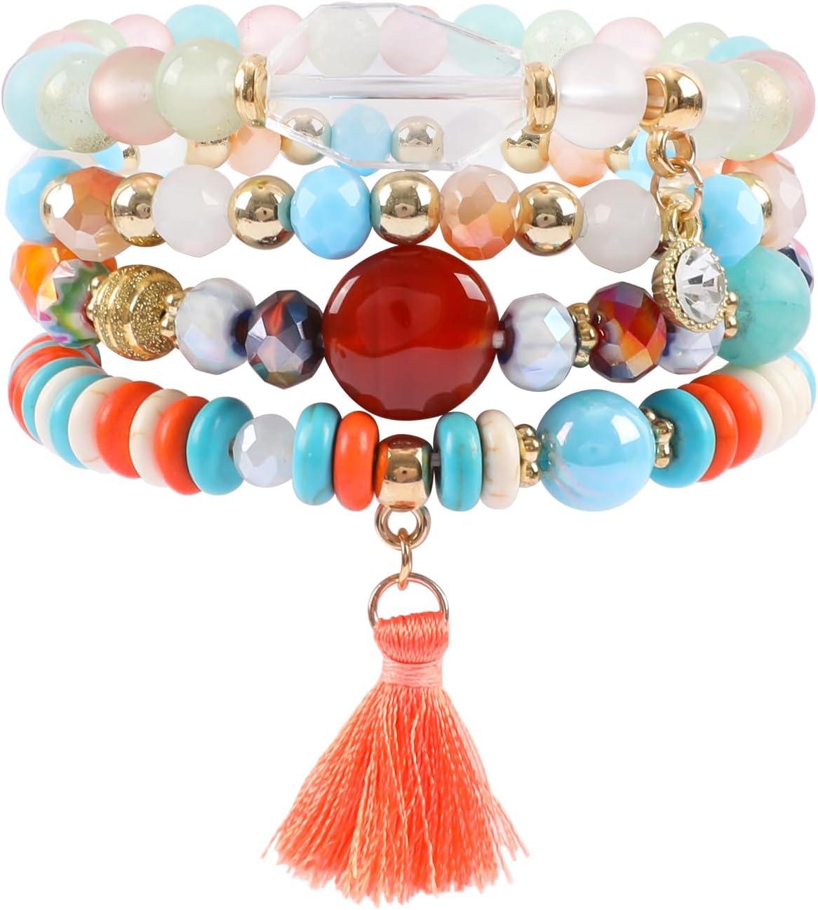 Bohemian Natural Stone Beaded Bracelets for Women Men Stackable Stretch Beads Bracelet Set with Charm and Tassel Multilayered Elastic Gemstone Bracelets Summer Beach Boho Jewelry Gift for Women