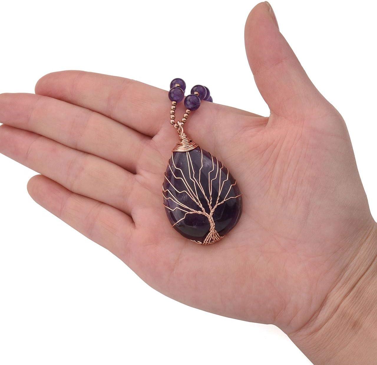 KDTONG Healing Crystal Amethyst Necklace Natural Stone Beads Life Tree Wire Wrapped Teardrop Gemstone Pendant Jewelry for Women Mom