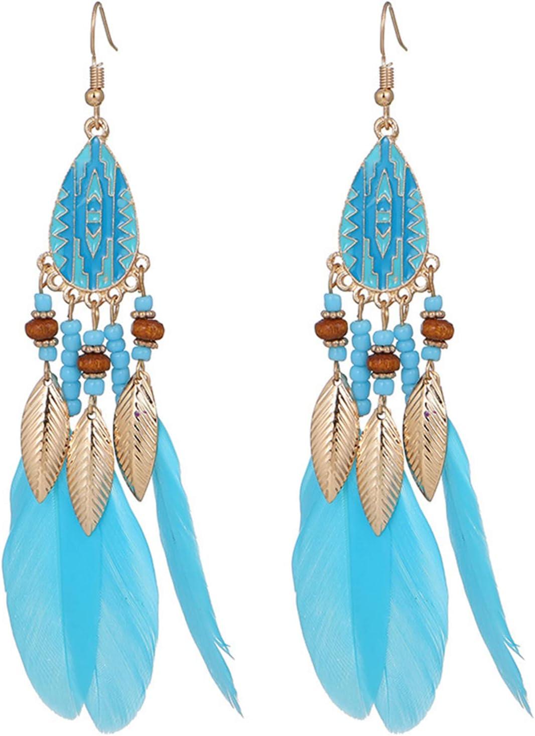 Punk Vintage Long Tassel Feather Earrings for Women Bohemian Handmade Natural Pendant Earring Fish Hook Earrings Vintage Boho Multicolor Tassel Feathers Dangle Drop Earrings Jewelry