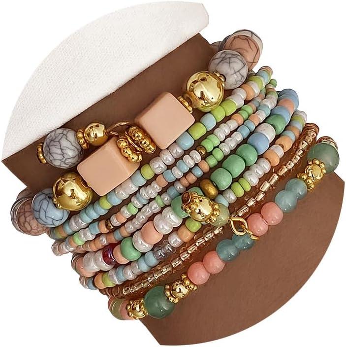 8PCS Beaded Bracelets for Women, Multilayered Stackable Strand Stretch Bead Bracelet Pack Handmade Trendy Bohemian Charm Jewelry