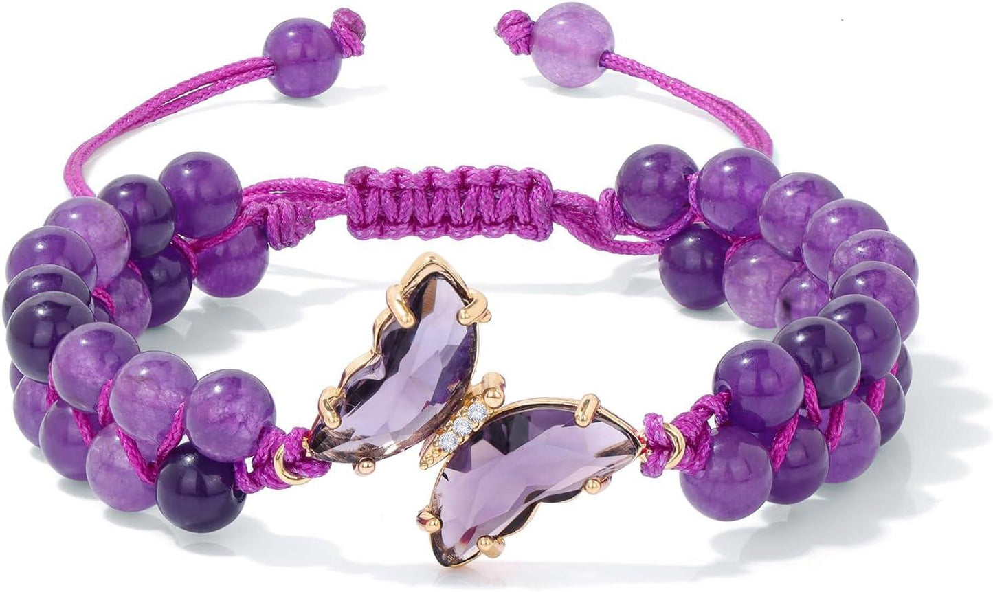 KDTONG Amethyst Bracelet For Women Anxiety Amethyst Beaded Bracelets Butterfly Charms Healing Stone Layered Bracelet Gifts For Women