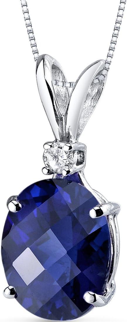 14K White Gold Created Blue Sapphire with Genuine Diamond Pendant for Wome, Elegant Solitaire, 3.65 Carats Oval Shape AAA Grade, Sparkling Blue Sapphire Jewelry, September Birthstone Gift