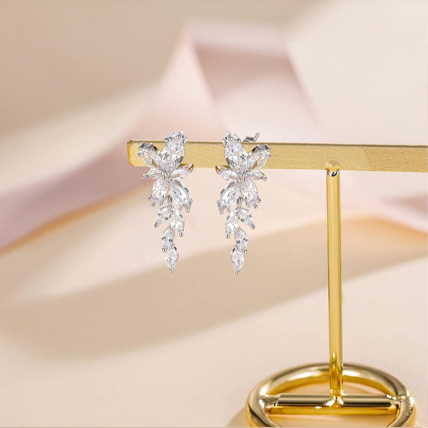 Silver Dangle Earrings for Women Cubic Zirconia Marquise Bridal Wedding Earrings 925 Sterling Silver Post Engagement Earring