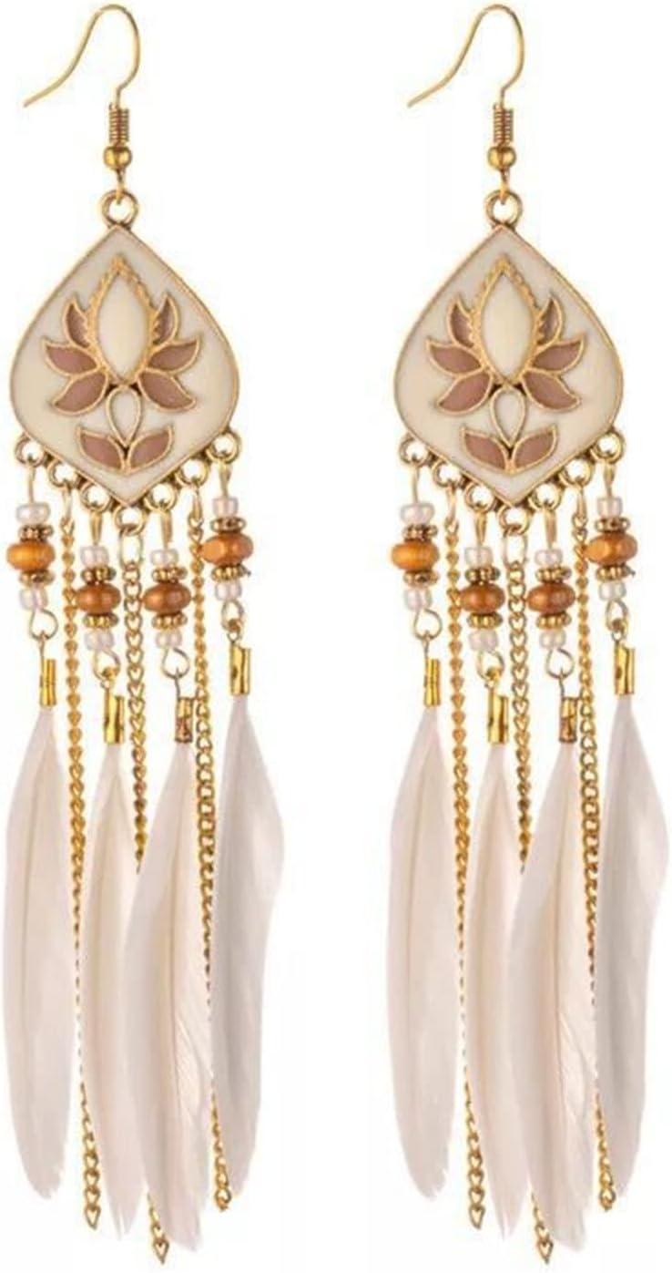 Punk Vintage Long Tassel Feather Earrings for Women Bohemian Handmade Natural Pendant Earring Fish Hook Earrings Vintage Boho Multicolor Tassel Feathers Dangle Drop Earrings Jewelry
