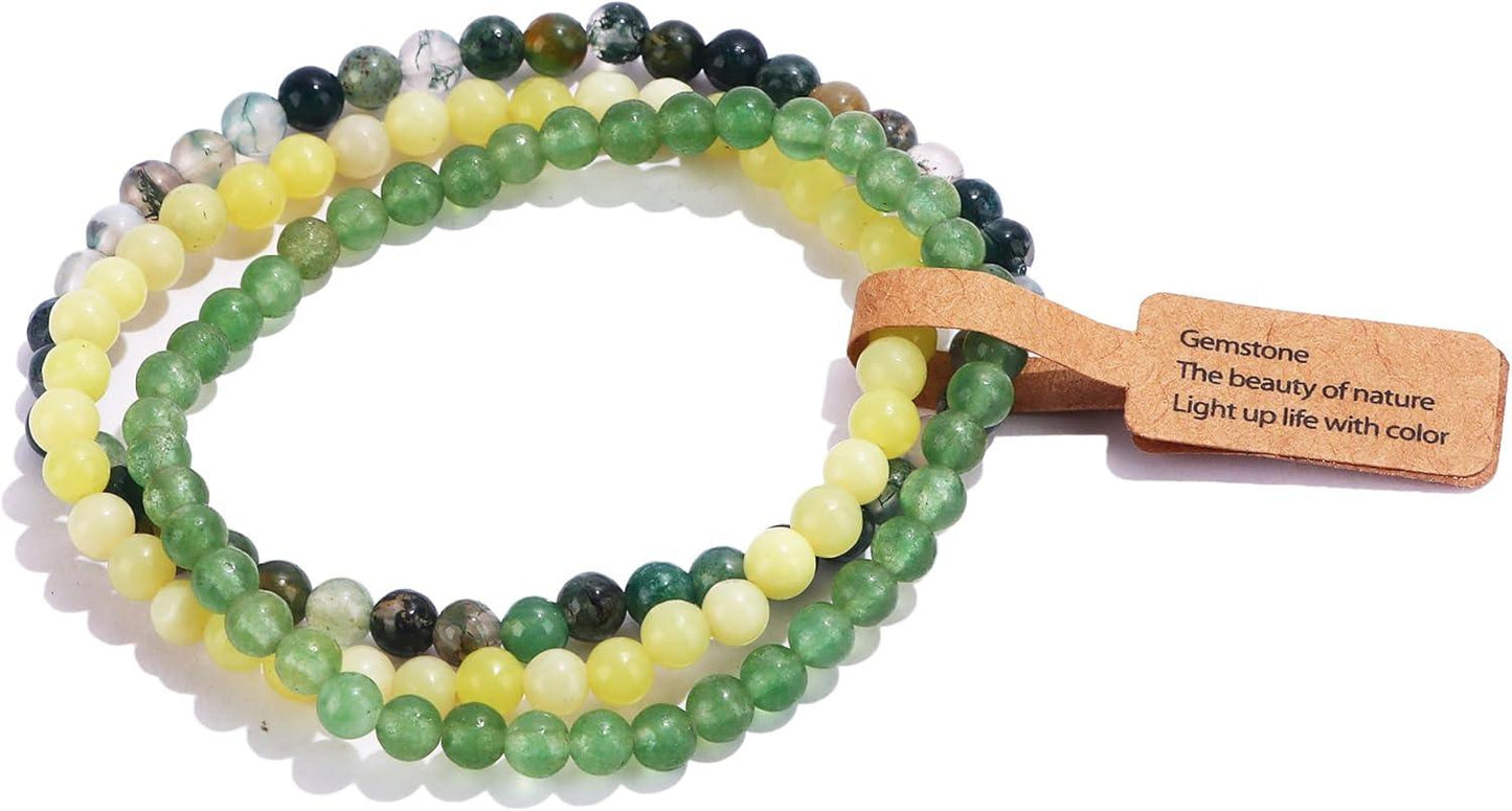 3PCS Crystal Bracelets for Women Men 4mm Semi-Precious Gemstone Beaded Bracelets Round Gemstones Elastic Stretch Bracelet Yoga Bracelets Unisex Jewelry