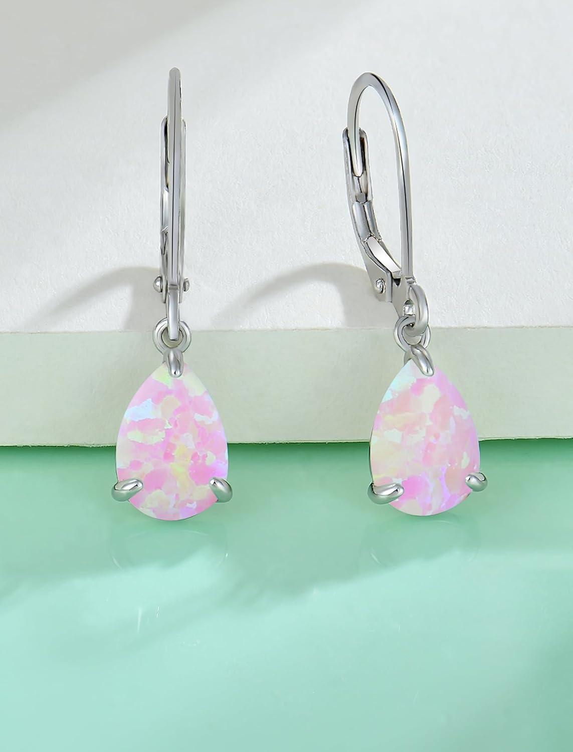 Dangle Drop Earrings 925 Sterling Silver Solitaire Leverback Earring Teardrop Created Opal Jewelry Gifts for Women