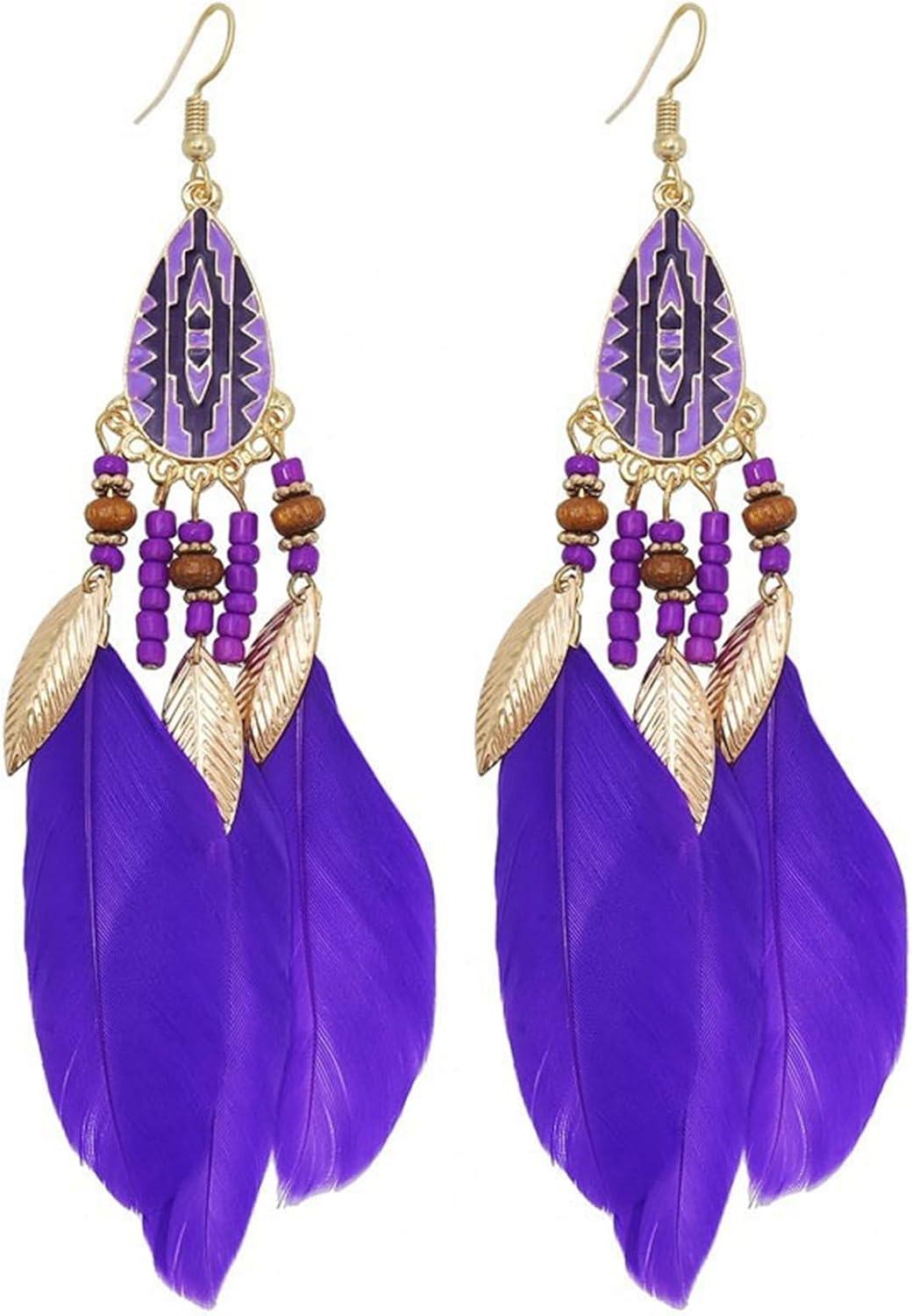 Punk Vintage Long Tassel Feather Earrings for Women Bohemian Handmade Natural Pendant Earring Fish Hook Earrings Vintage Boho Multicolor Tassel Feathers Dangle Drop Earrings Jewelry