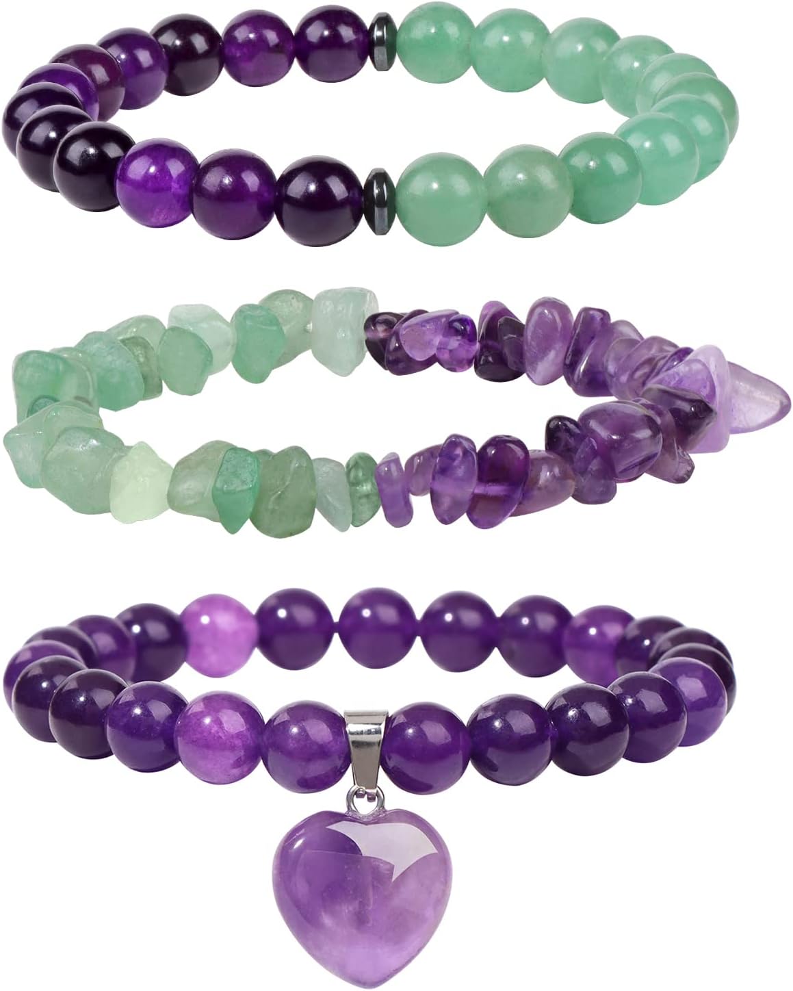 Healing Crystal Beaded Bracelets for Women,Natural Amethyst Gemstones Bracelet,Anxiety Stress Relief Heart Charm Bracelet Handmade purple Jewelry Gifts for Women