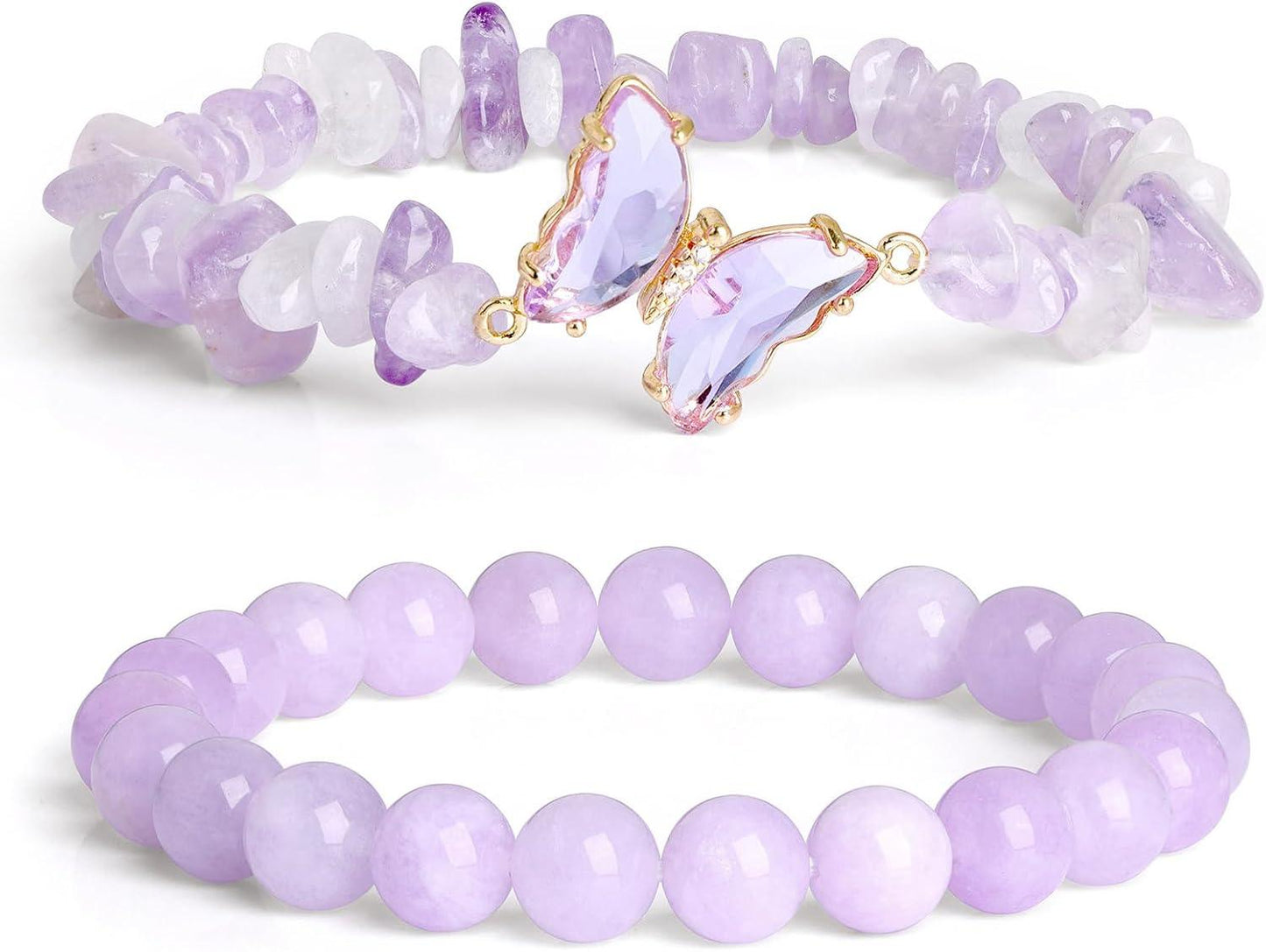 KDTONG Amethyst Bracelet For Women Anxiety Amethyst Beaded Bracelets Butterfly Charms Healing Stone Layered Bracelet Gifts For Women