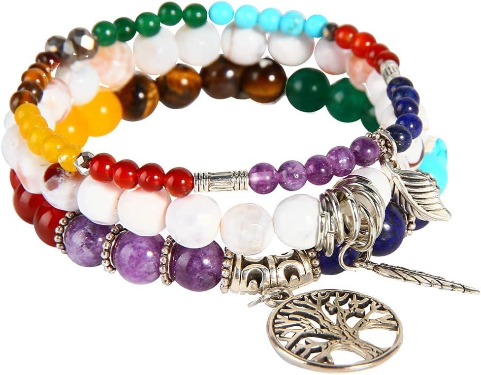 Beaded Bracelets for Women, Healing Stone Crystal Bracelets Tree of Life Bracelet Yoga Stretch Chakra Bracelet Set Jewelry Gifts