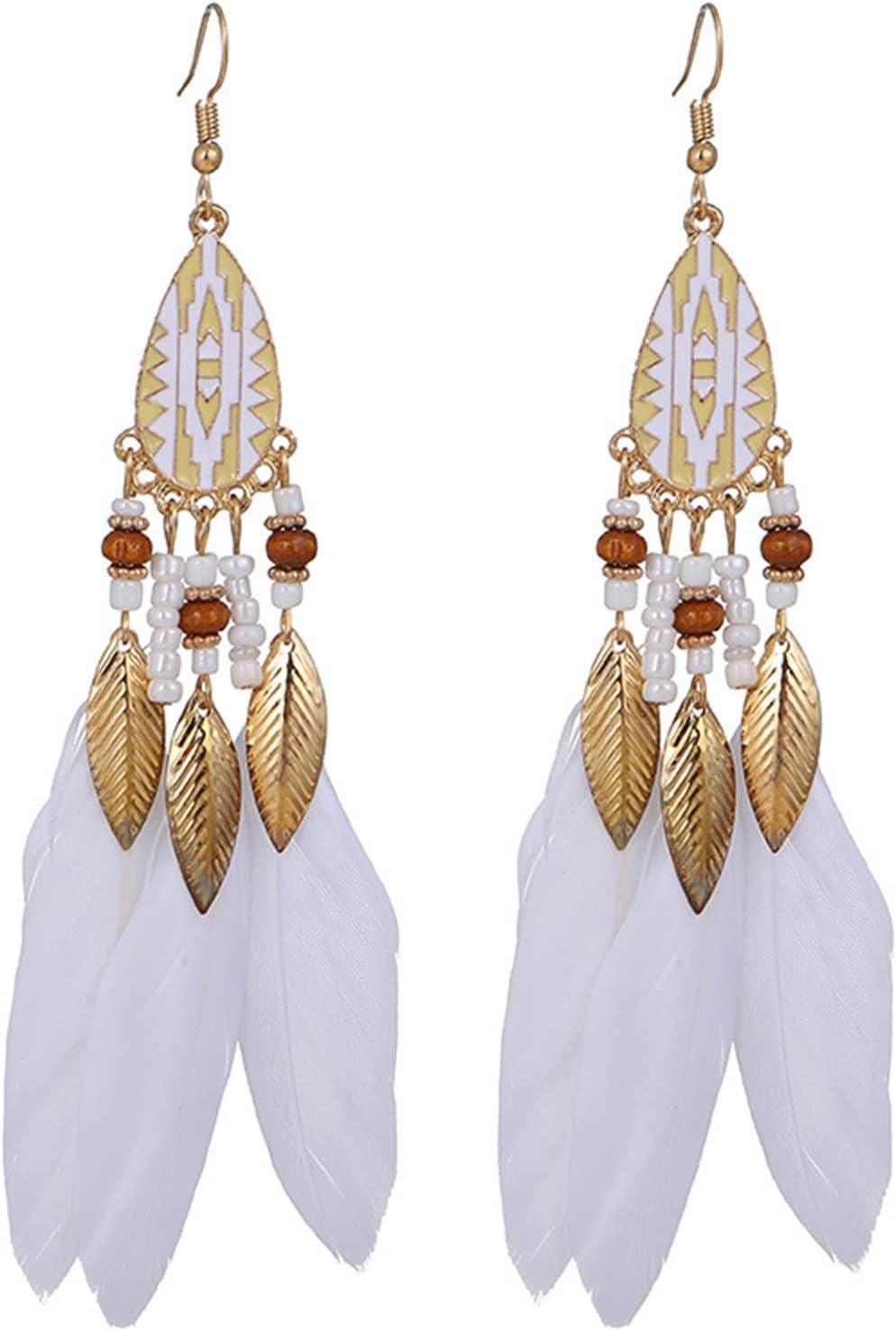 Punk Vintage Long Tassel Feather Earrings for Women Bohemian Handmade Natural Pendant Earring Fish Hook Earrings Vintage Boho Multicolor Tassel Feathers Dangle Drop Earrings Jewelry