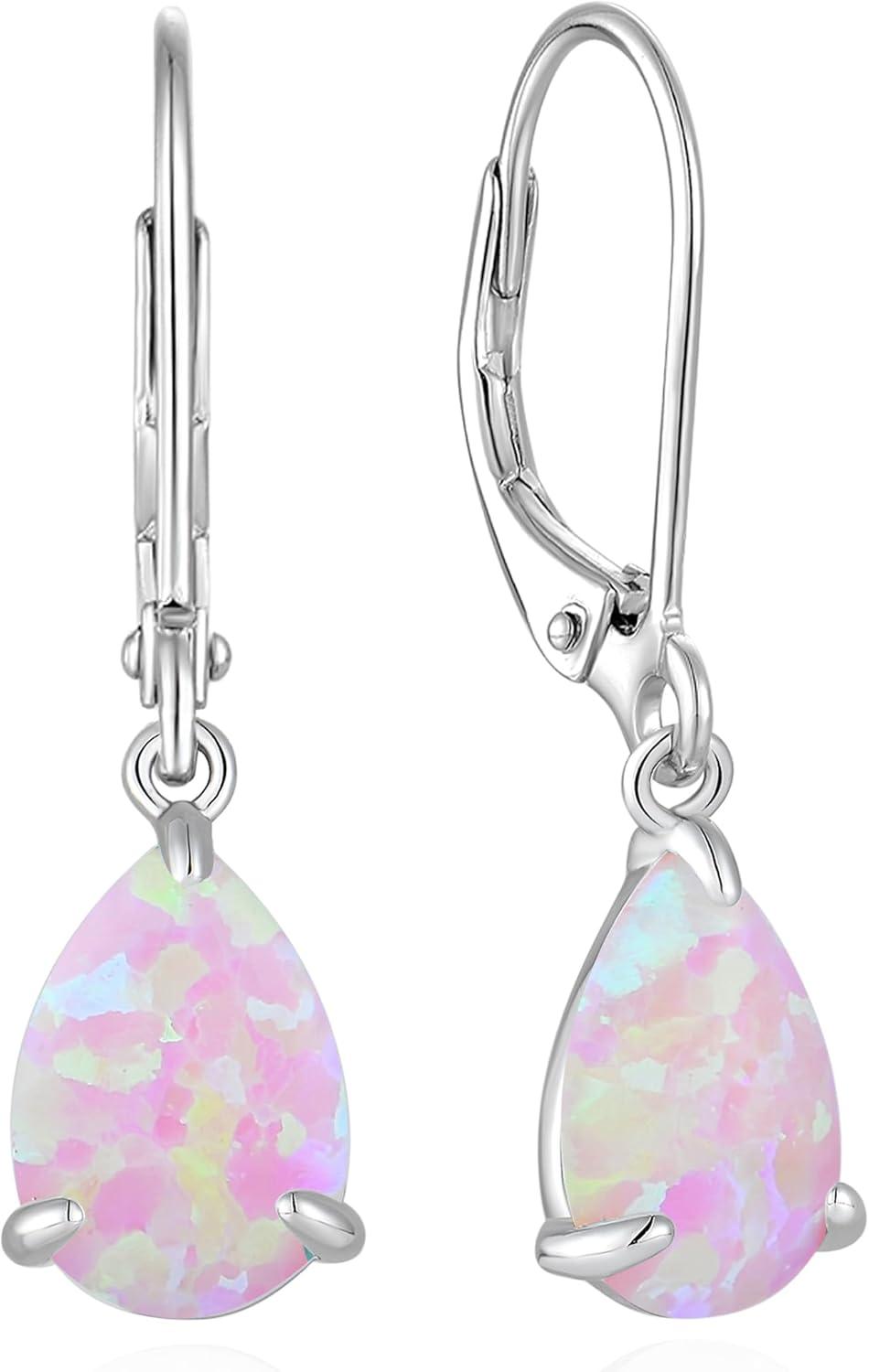 Dangle Drop Earrings 925 Sterling Silver Solitaire Leverback Earring Teardrop Created Opal Jewelry Gifts for Women