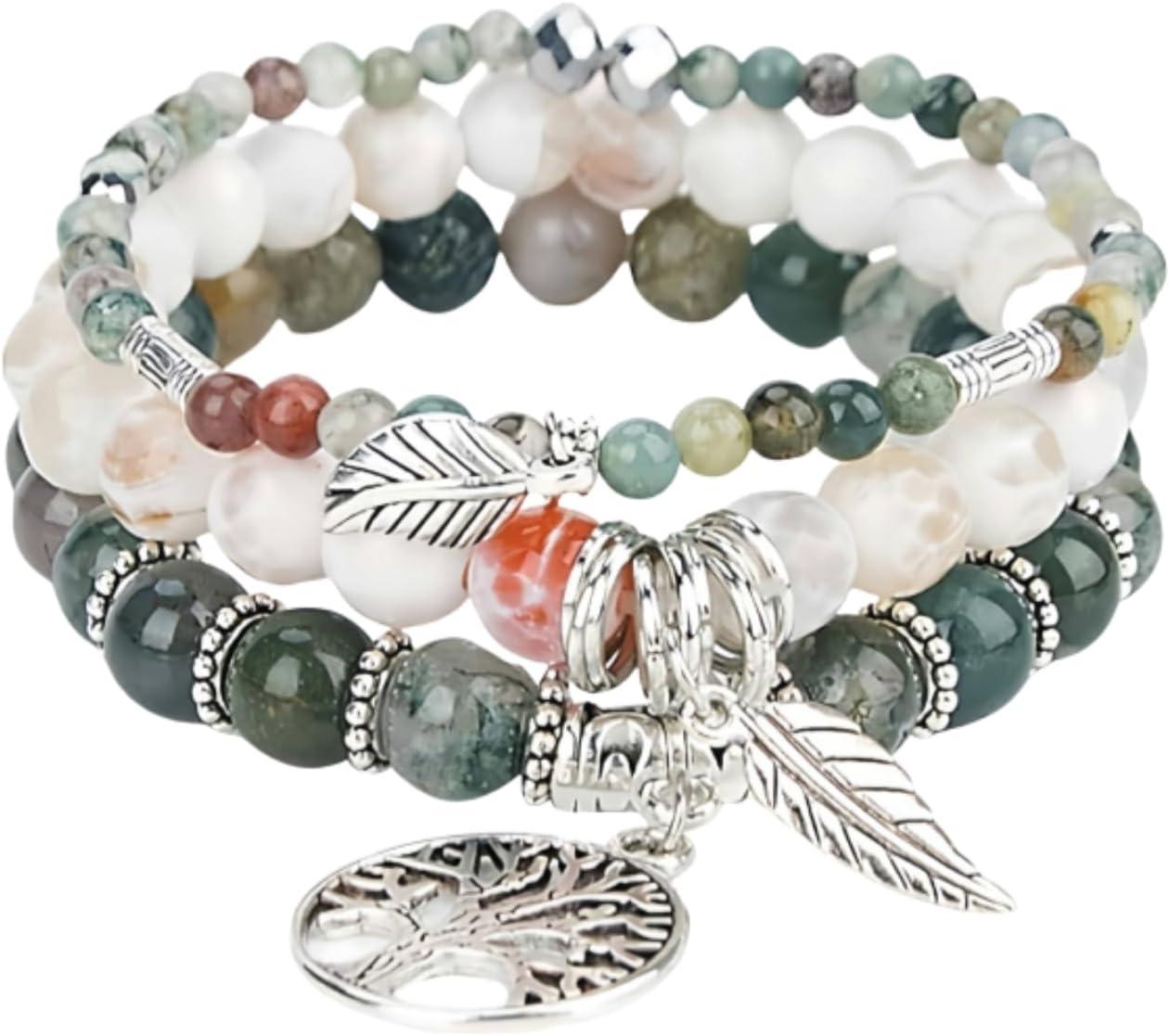 Beaded Bracelets for Women, Healing Stone Crystal Bracelets Tree of Life Bracelet Yoga Stretch Chakra Bracelet Set Jewelry Gifts
