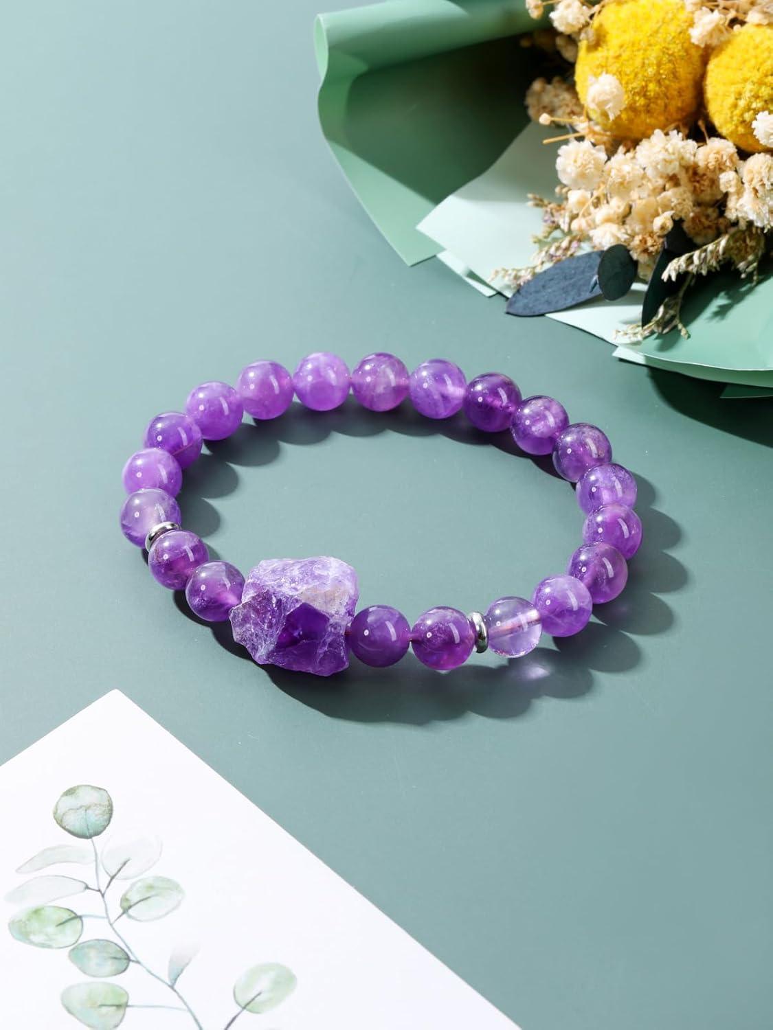 Amethyst Crystal Beaded Bracelet for Women,Natural Gem Semi Precious Reiki Healing Crystal Energy Quartz Bracelet,Handmade 8mm Round Stone Beads Stretch Bracelet