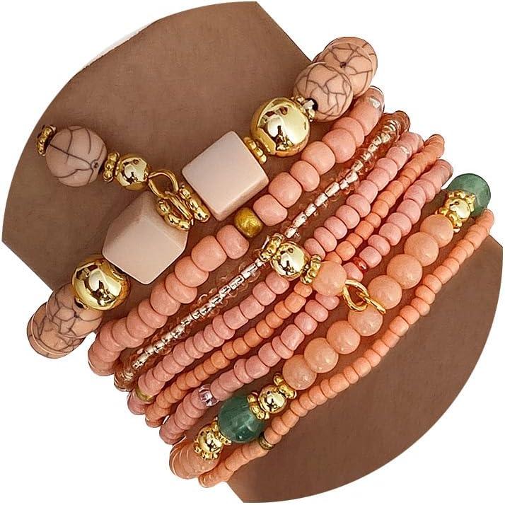 8PCS Beaded Bracelets for Women, Multilayered Stackable Strand Stretch Bead Bracelet Pack Handmade Trendy Bohemian Charm Jewelry