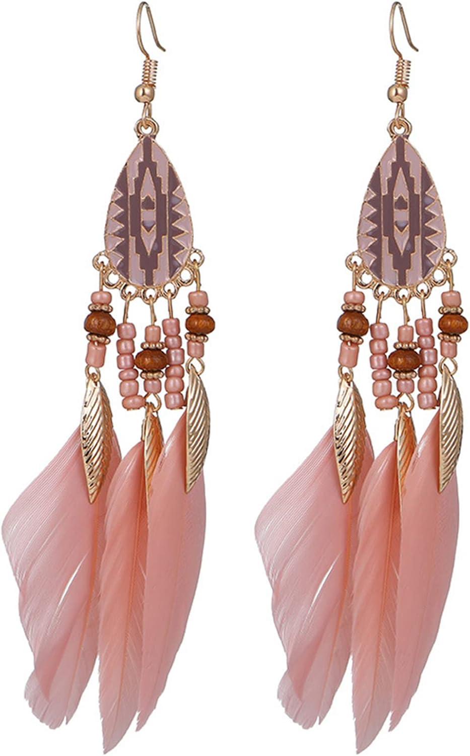 Punk Vintage Long Tassel Feather Earrings for Women Bohemian Handmade Natural Pendant Earring Fish Hook Earrings Vintage Boho Multicolor Tassel Feathers Dangle Drop Earrings Jewelry