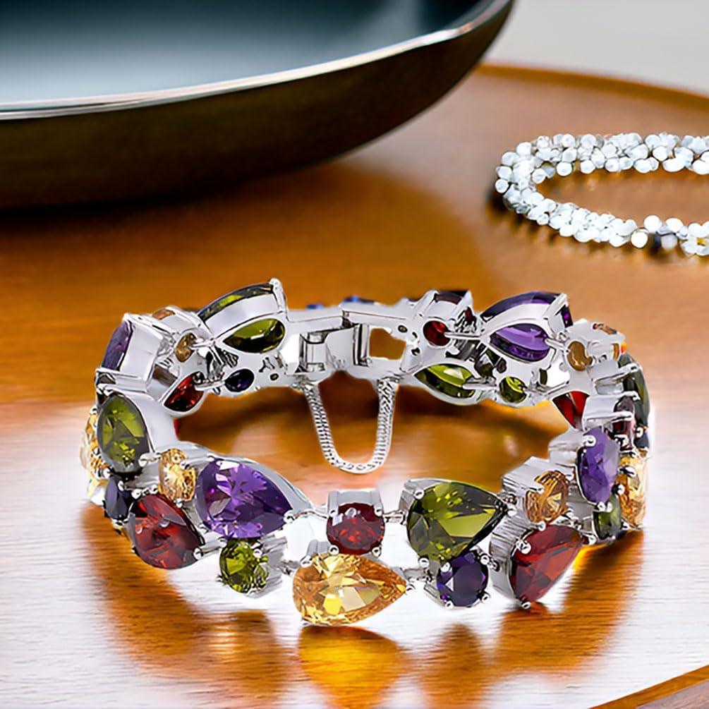 Silver Bangle Bracelets For Women Classic Fashion Bracelet with Gemstone Garnet White Topaz Amethyst Citrine Peridot Pink Topza 8 Inches