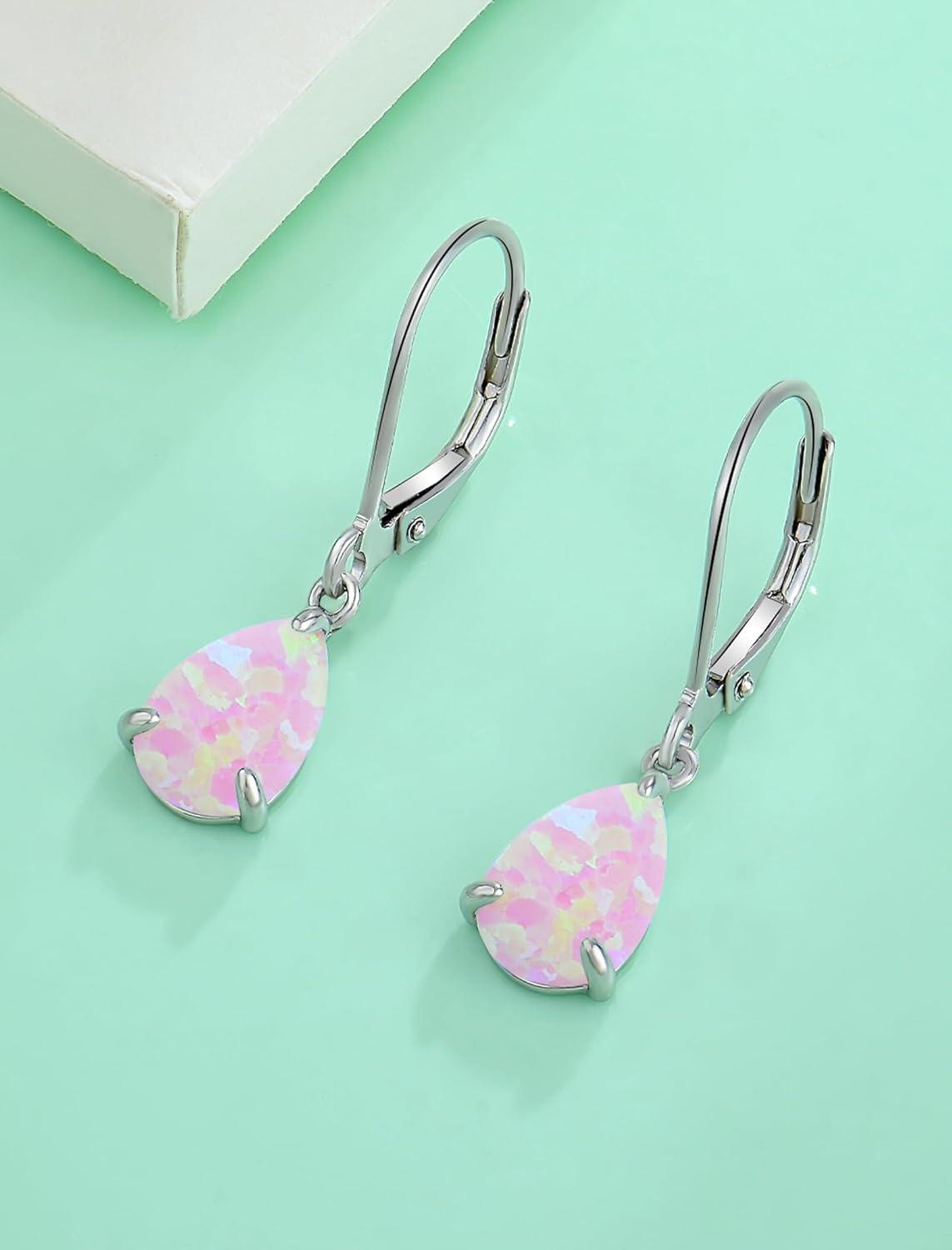 Dangle Drop Earrings 925 Sterling Silver Solitaire Leverback Earring Teardrop Created Opal Jewelry Gifts for Women