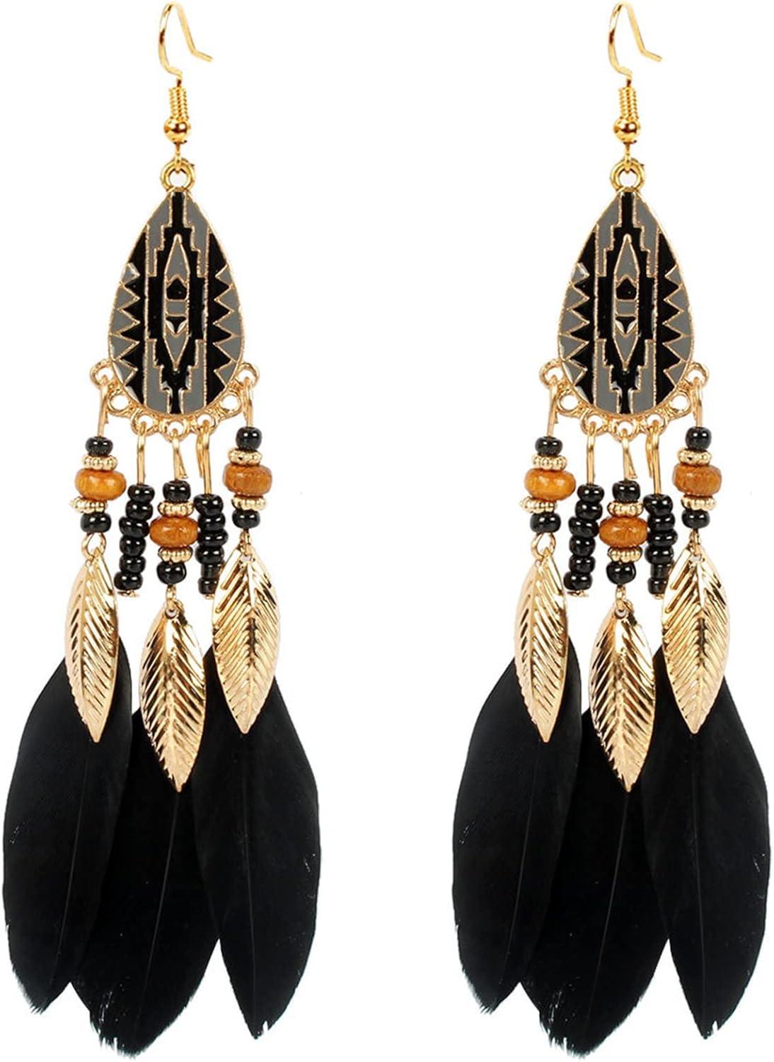 Punk Vintage Long Tassel Feather Earrings for Women Bohemian Handmade Natural Pendant Earring Fish Hook Earrings Vintage Boho Multicolor Tassel Feathers Dangle Drop Earrings Jewelry