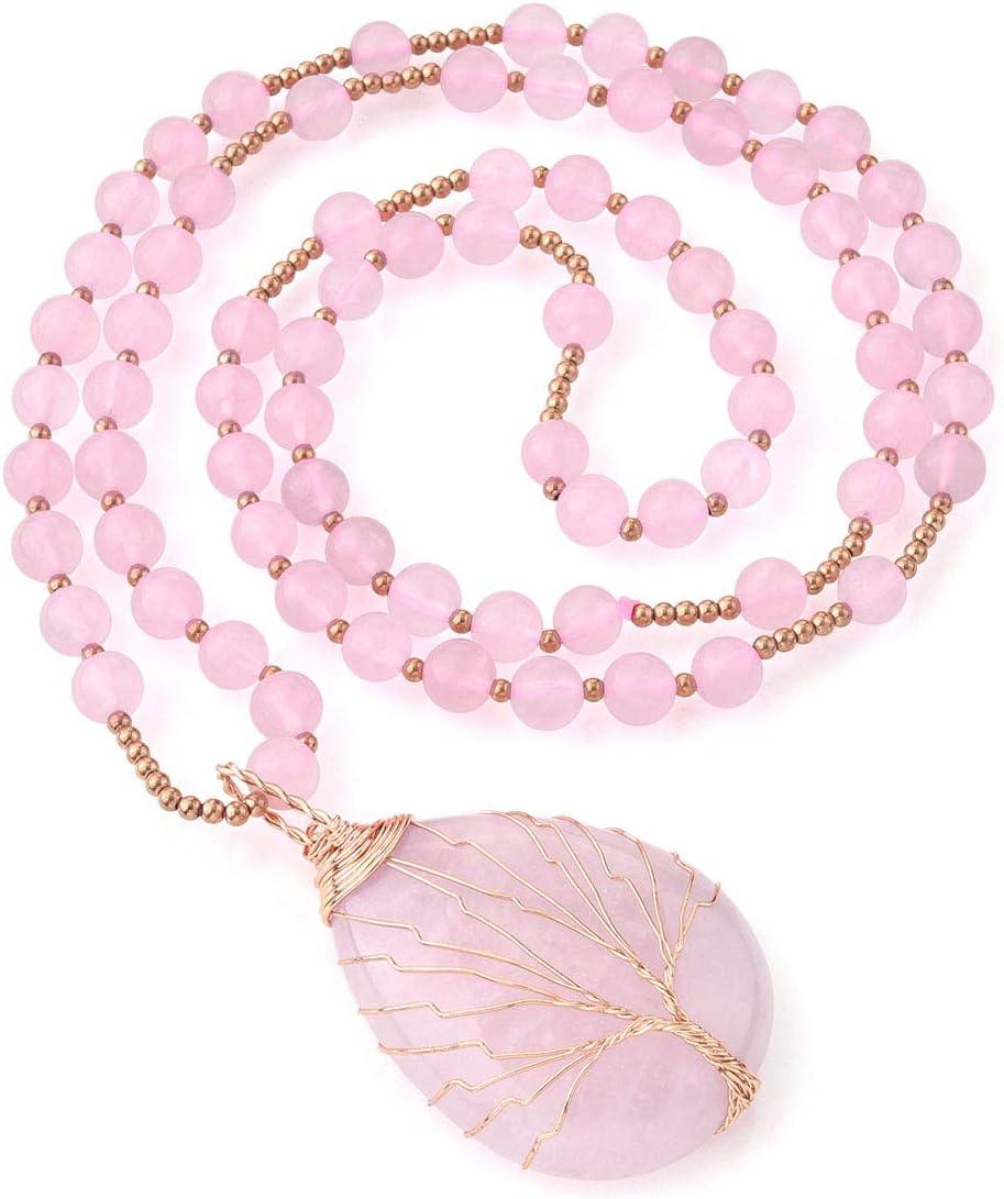 KDTONG Healing Crystal Amethyst Necklace Natural Stone Beads Life Tree Wire Wrapped Teardrop Gemstone Pendant Jewelry for Women Mom