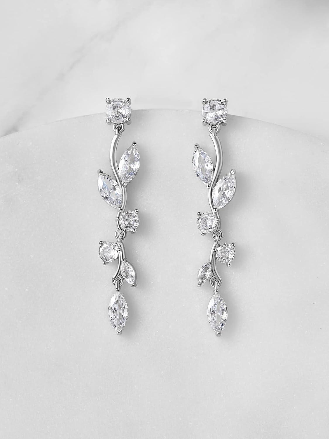 KDTONG Vine Wedding Earrings for Brides, Bridesmaids Earrings Gifts, Leaf Bridal Drop Earrings, Silver Cubic Zirconia Dangling Earrings for Prom Formal Party