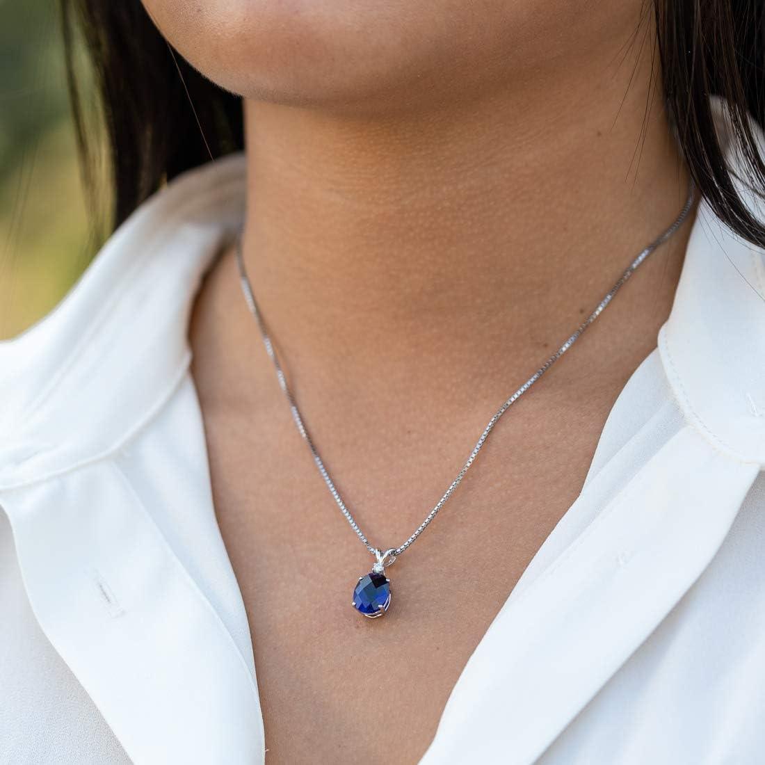 14K White Gold Created Blue Sapphire with Genuine Diamond Pendant for Wome, Elegant Solitaire, 3.65 Carats Oval Shape AAA Grade, Sparkling Blue Sapphire Jewelry, September Birthstone Gift