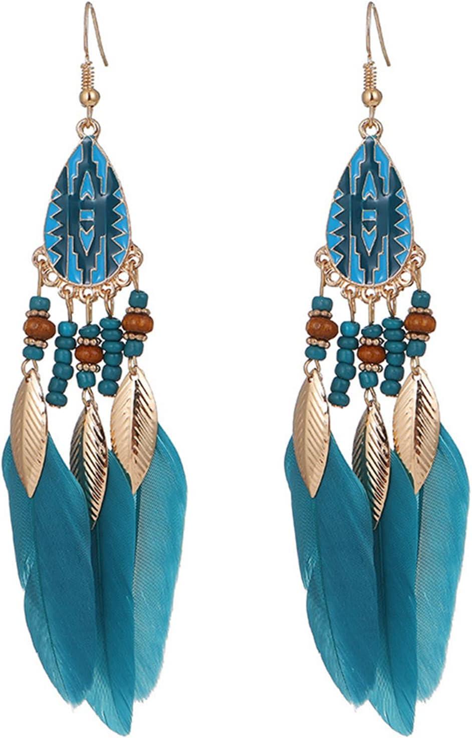 Punk Vintage Long Tassel Feather Earrings for Women Bohemian Handmade Natural Pendant Earring Fish Hook Earrings Vintage Boho Multicolor Tassel Feathers Dangle Drop Earrings Jewelry
