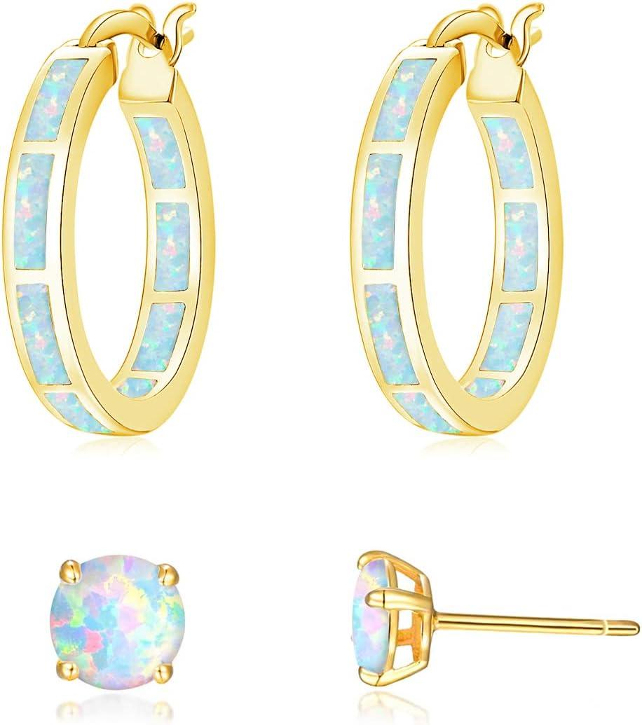 KDTONG Sterling Silver/Rose Gold/Yellow Gold Plated Hoop Earrings 20mm,Multicolor Opal Small Hoop Earrings for Women Girls Hypoallergenic Jewelry for Sensitive Ears Gemstone Earrings