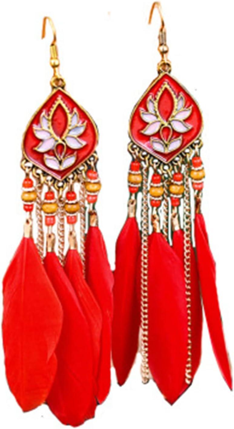 Punk Vintage Long Tassel Feather Earrings for Women Bohemian Handmade Natural Pendant Earring Fish Hook Earrings Vintage Boho Multicolor Tassel Feathers Dangle Drop Earrings Jewelry