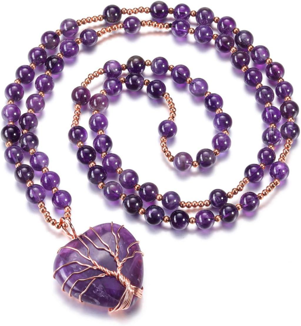 KDTONG Healing Crystal Amethyst Necklace Natural Stone Beads Life Tree Wire Wrapped Teardrop Gemstone Pendant Jewelry for Women Mom