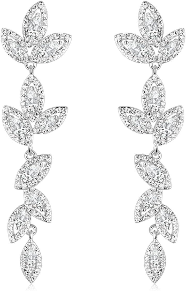 Silver Dangle Earrings for Women Cubic Zirconia Marquise Bridal Wedding Earrings 925 Sterling Silver Post Engagement Earring
