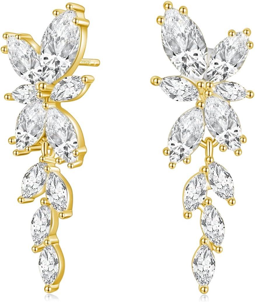 Silver Dangle Earrings for Women Cubic Zirconia Marquise Bridal Wedding Earrings 925 Sterling Silver Post Engagement Earring