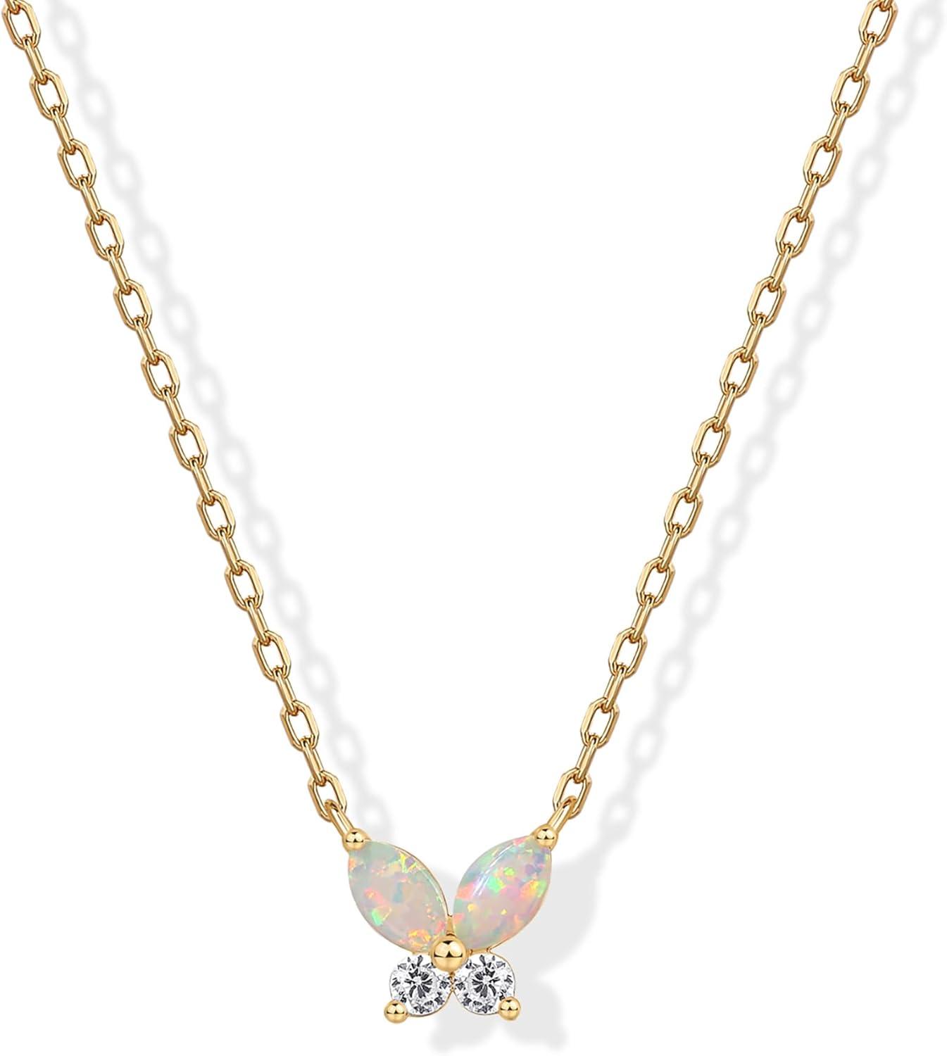KDTONG 14K Gold Plated Opal Pendant Necklaces for Women | Created Opal Cubic Zirconia Dainty Necklace | Butterfly Round Triangle Antler Bar Pendants