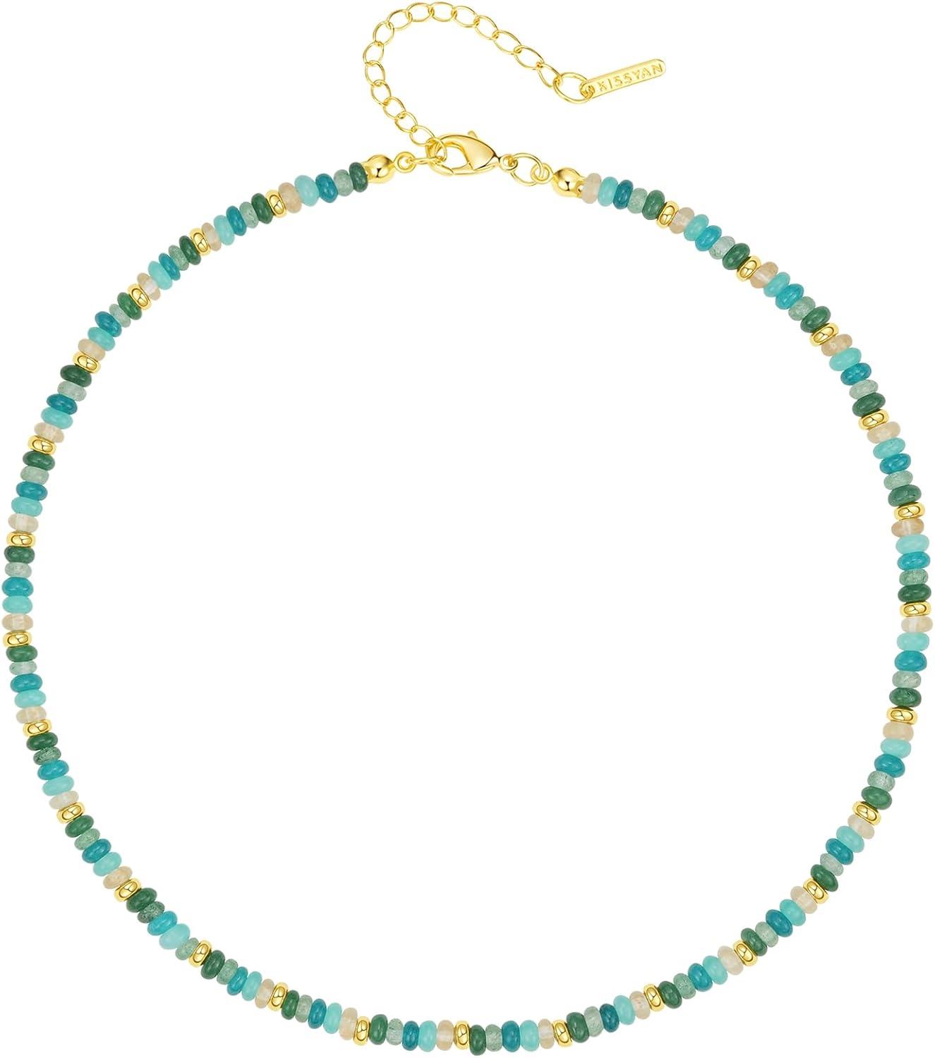 Beaded Choker Necklace for Women, Gemstone Choker Natural Stone Freshwater Pearl Surfer Necklaces 14K Gold Plated Summer Beach Handmade Jewelry
