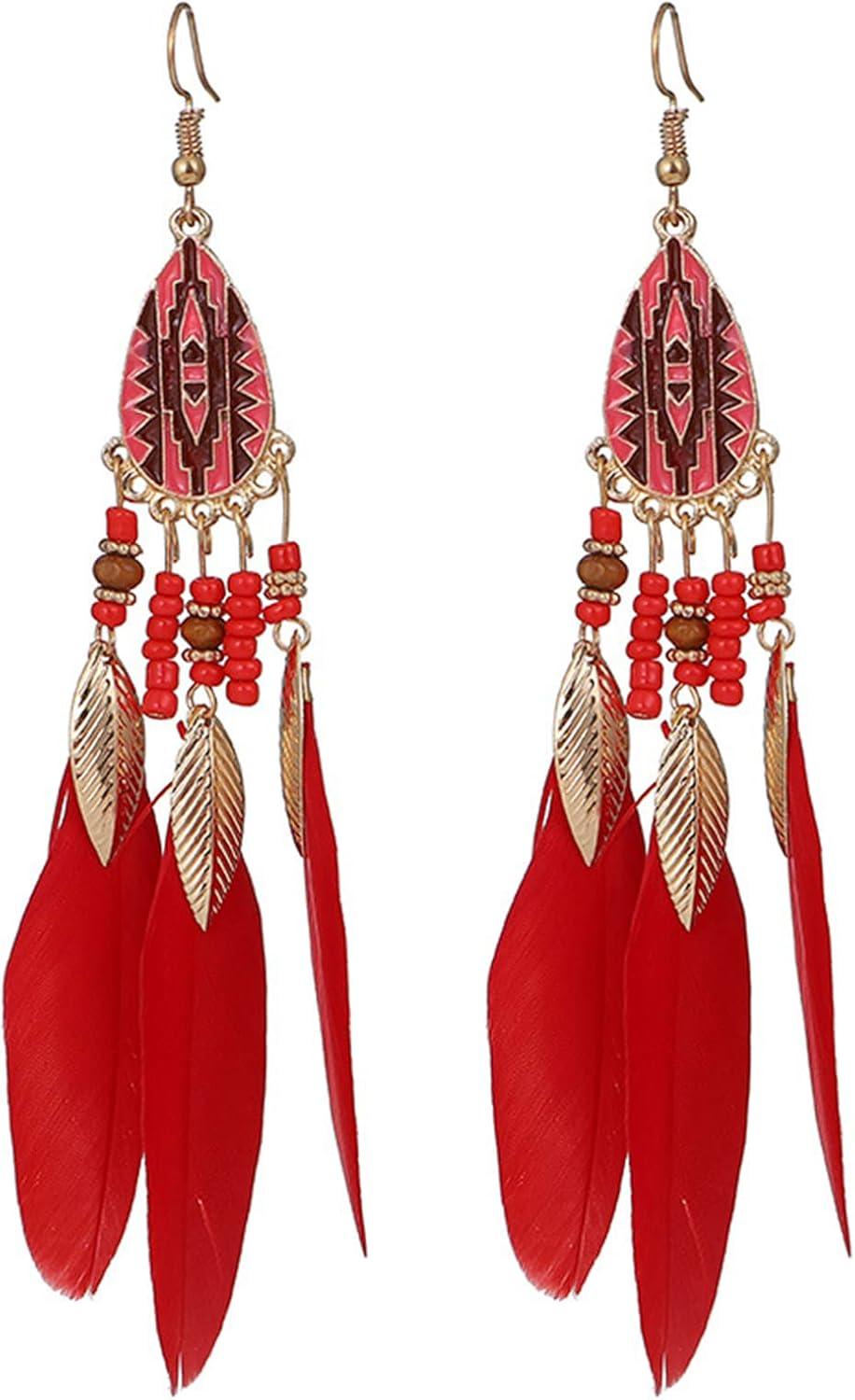 Punk Vintage Long Tassel Feather Earrings for Women Bohemian Handmade Natural Pendant Earring Fish Hook Earrings Vintage Boho Multicolor Tassel Feathers Dangle Drop Earrings Jewelry