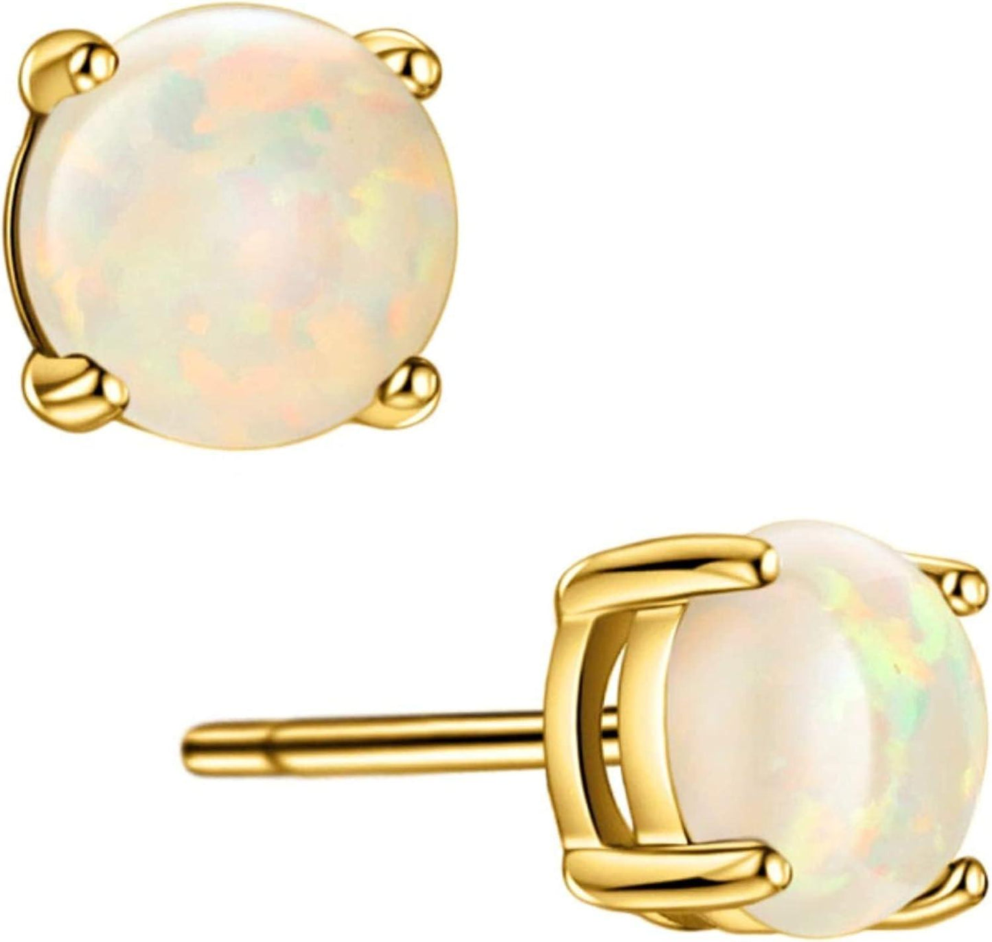18K Gold Plated Opal Stud Earrings for Women Sterling Silver 5mm Solitaire Green Opal 4 Prongs Setting Simple Women Earrings