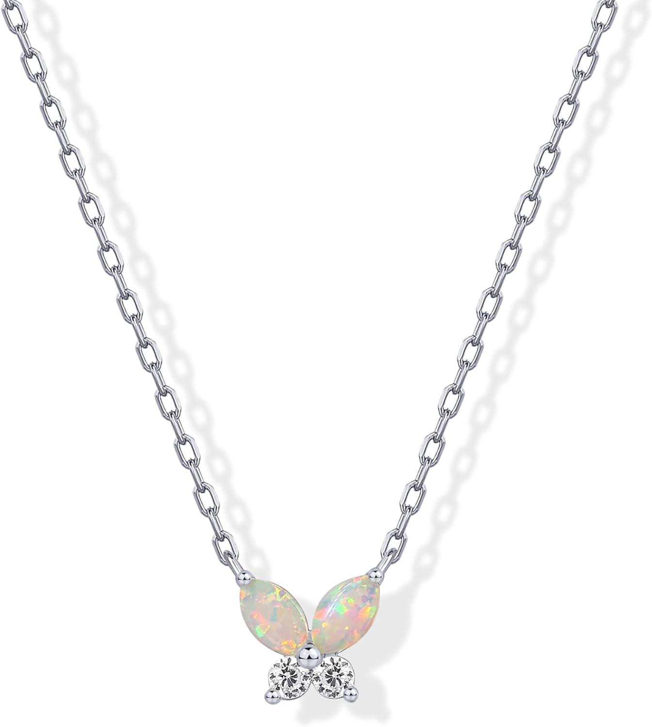 KDTONG 14K Gold Plated Opal Pendant Necklaces for Women | Created Opal Cubic Zirconia Dainty Necklace | Butterfly Round Triangle Antler Bar Pendants
