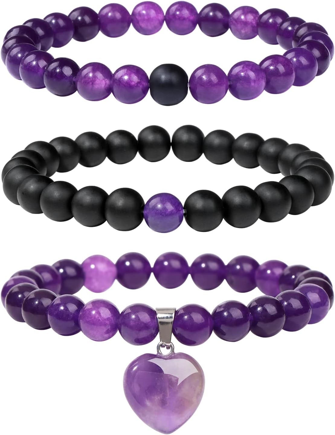Healing Crystal Beaded Bracelets for Women,Natural Amethyst Gemstones Bracelet,Anxiety Stress Relief Heart Charm Bracelet Handmade purple Jewelry Gifts for Women